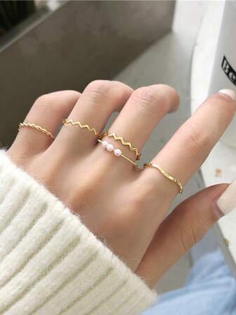 5pcs/Set Pearl Wave Shaped Stackable Rings, Knuckle Rings For Women