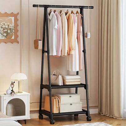 1pc Wheeled Floor Standing Clothes Rack, Multi-Tier Garment Storage Organizer, Movable Clothing Rack, Sturdy And Fashionable Design, Suitable For Home Bedroom, Rental House And Dorm Use Basic Metal Floor Rack