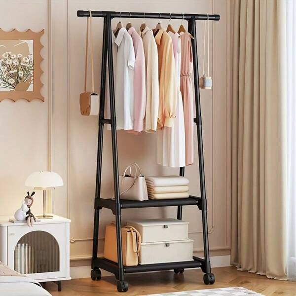 Cabideiro de chão com rodas de 1 peça, organizador de roupas multicamadas, cabideiro móvel, design resistente e moderno, adequado para quarto, casa de aluguel e dormitório. Cabideiro de chão de metal básico.