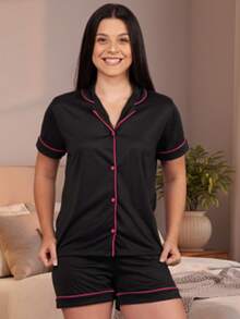 Women's American Blogger Pajamas With Super Comfortable Buttons New Release - Black and Pink - View 3