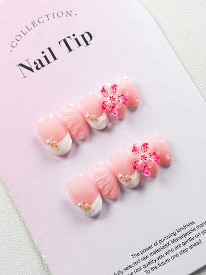 JNHK 10 قطع، أظافر يدوية، بودرة، قصيرة الحجم، أظافر بيضاوية قصيرة، خرز ثلاثي الأبعاد وغراء ثلاثي الأبعاد، زهور لاصقة يدوية، هدايا مثالية للاستخدام اليومي وحفلات العطلات للفتيات والنساء في الربيع والصيف، و 1 ملف أظافر صغير و 1 ورقة ألسنة لاصقة