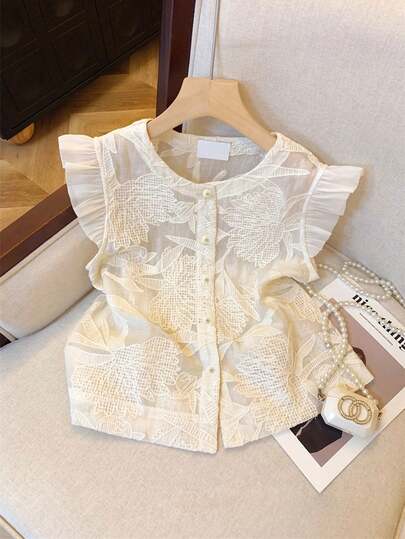 Roviva 优雅简约休闲透明花卉面料褶饰荷叶边袖圆领纽扣前拼色短袖衬衫，适合秋季约会、生日、派对