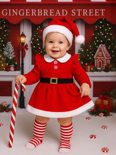 H HIBOBI Conjunto de Navidad de tres piezas para niña bebé - Vestido rojo de manga larga con detalles de botones de caramelo y cinturón falso, gorro de Papá Noel a juego y calcetines a rayas, conjunto cómodo y lavable para uso festivo de invierno, adecuado para bebés de 1 a 18 meses