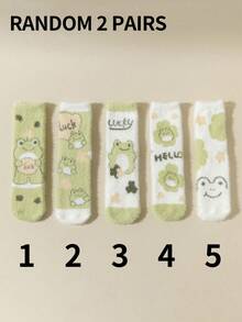 1/2/3/5 双女士柔软温暖可爱卡通青蛙图案毛绒中筒袜，适合日常穿着、居家和休闲 - 彩色 - 查看 12