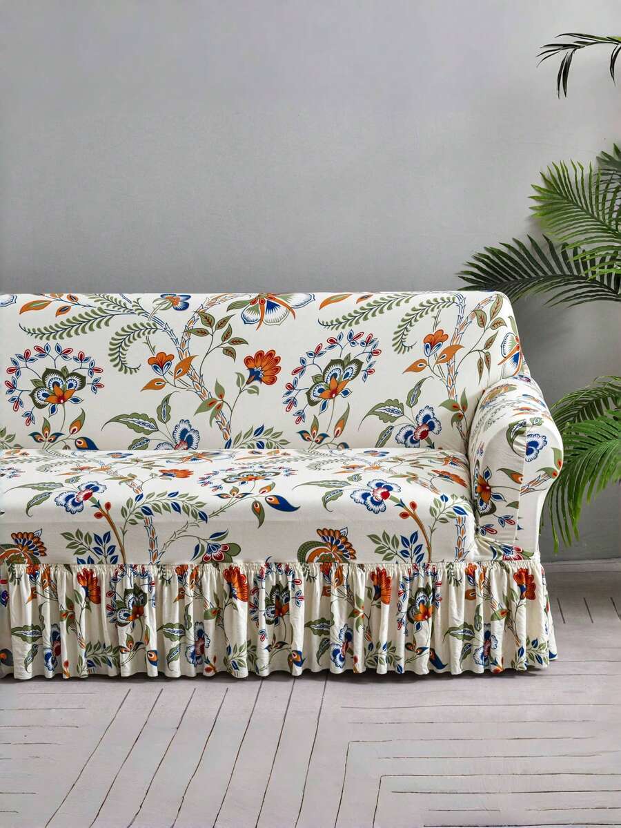 1pc Floral Print Milk Silk Sofa Cover, Non-Slip Elastic Decorative Sofa Slipcover For Single/Double/Three/Four Seater Sofa, Pet Proof, Colorful, Suitable For Spring, Summer, Autumn, Winter