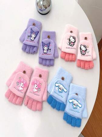 Sanrio 1pc Sanrio Cartoon Thick Warm Gloves, Flip-Top Half Finger, Windproof, Suitable For Writing, Outdoor, Cycling In Autumn/Winter