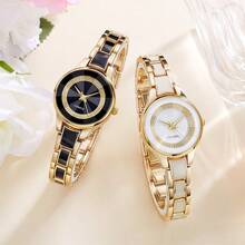 1 件时尚奢华品牌女士手表金色优雅女士不锈钢表带圆形石英腕表适合日常佩戴节日不锈钢珠宝腕表 - 均碼 - 查看 10