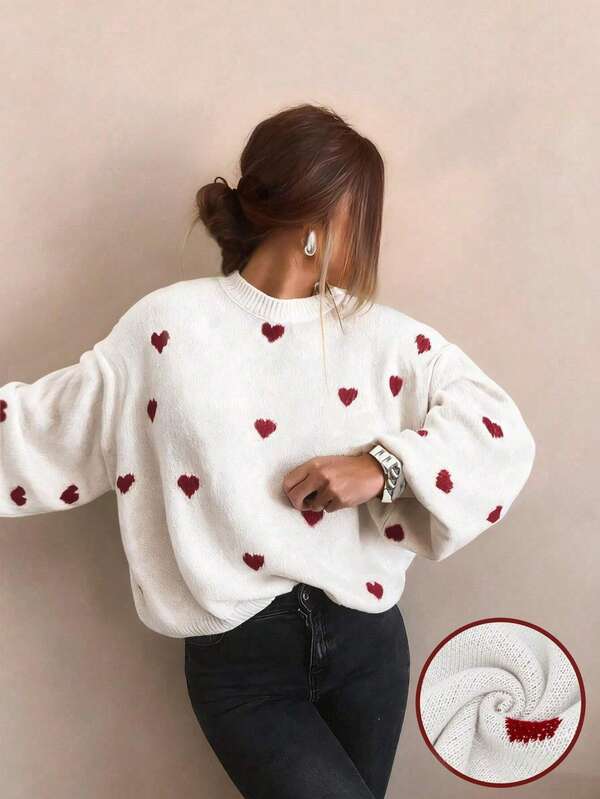 Autumn And Winter Women's Valentine's Day Cute Casual Heart-Patterned Loose-Fit Fashionable Sweater With Round Neck And Long Sleeves, Basic Sweater, Business Casual Women's Clothing, Autumn Top, Autumn Sweater, Women's Winter Clothing, Women's Autumn And Winter Clothing, Autumn Clothing