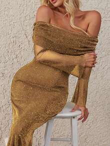 Sequin Off Shoulder Valentine's Day Dress, Spring - Khaki - View 3