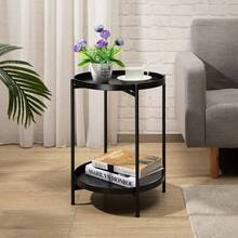 Round Side Table With 2-Tier Storage Modern Metal End Table With Removable Tray Small Coffee Table For Living Room Bedroom Balcony Patio - Black - View 3