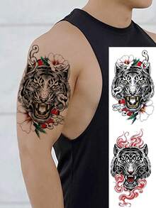 2 款男士纹身贴纸，日本虎纹祥云花卉图案，防水假纹身，持久 2-5 天，遮盖疤痕，可用于手臂、肩膀、颈部、腰部、背部或腿部，适合节日派对、万圣节化妆舞会 - 彩色 - 查看 7