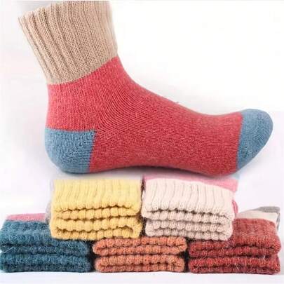10Pairs Of Winter Warm Knit Socks For Women With Geometric Patterns - Rabbit Hair Blend, Hand Wash Only, All-Season, Knit Fabric