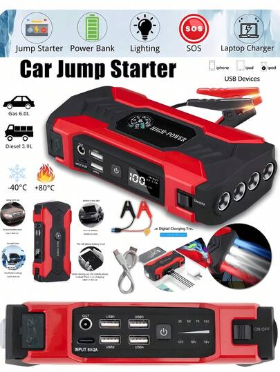 12V Car Battery Jump Starter, 400A Jump Box Portable Car Jump Starter Battery Pack (6.0L Gas/3.0L Other) Car Jumper Starter With Power Adapter, 3 LED Lights Modes