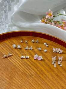 11件套猫眼耳环，轻盈蝴蝶结耳环，亮粉色耳环，锌合金水钻耳环，时尚百搭，适合青少年日常佩戴，送给女朋友的礼物 - 彩色 - 查看 4