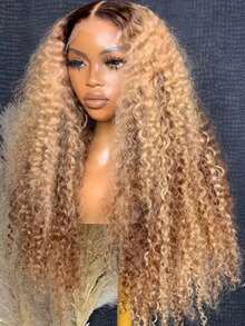 Highlight Ombre Blonde Kinky Curly Lace Front Wigs Human Hair Pre Plucked Bye Bye Knots 13x4 HD Transparent Brazilian Virgin 4/27 Colored Glueless Wigs Human Hair With Baby Hair 250 Density Deep Wave Human Hair Wig For Women - 間色和鋼琴色 - 查看 2