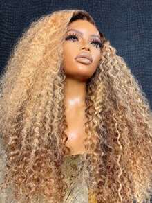 Highlight Ombre Blonde Kinky Curly Lace Front Wigs Human Hair Pre Plucked Bye Bye Knots 13x4 HD Transparent Brazilian Virgin 4/27 Colored Glueless Wigs Human Hair With Baby Hair 250 Density Deep Wave Human Hair Wig For Women - 間色和鋼琴色 - 查看 3