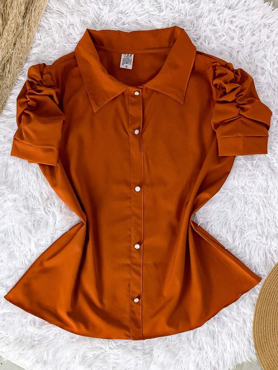 Women's Fashion Collared Blouse With Buttons On The Front, Code 1 - Caramel - View 1