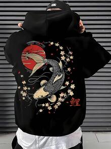 Men's 250g Oversized Hoodie, Koi Fish Cherry Blossom Red Sun Men Gifts Hoodies For Men Gifts For Men Christmas Thanksgiving - Autumn Dark Street Outfits, Men's Pullover Hooded Sweatshirt, Gothic Rock Fashion - Black - View 1