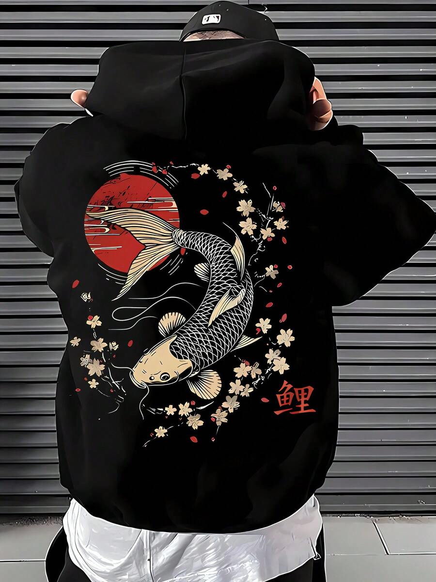 Men's 250g Oversized Hoodie, Koi Fish Cherry Blossom Red Sun Men Gifts Hoodies For Men Gifts For Men Christmas Thanksgiving - Autumn Dark Street Outfits, Men's Pullover Hooded Sweatshirt, Gothic Rock Fashion - Black - View 1