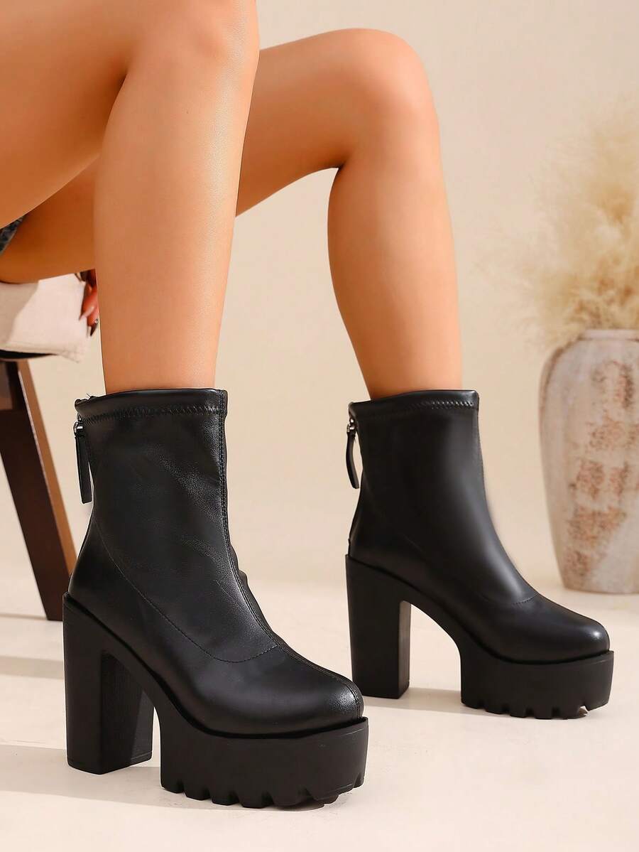2025 Super High Heel 14cm Platform Round Toe Ankle Boots, Waterproof, Thick Heel, Versatile, Autumn/Winter