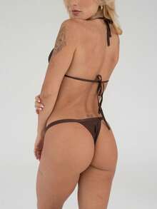 Ribbed Polyamide String Bikini With Thong And Marquinha - Rust Brown - View 3