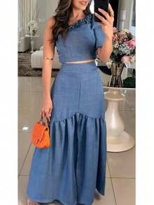 Women's Set Of Long Ruffled Skirt And Cropped Top - Blue - View 6