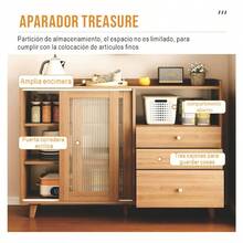 Scandinavian Style Sideboard with Ribbed Glass Doors & Drawers, 100*36*93cm Buffet Cabinet for Dining/Living Room (Oak Color) - Color de madera - Ver 8