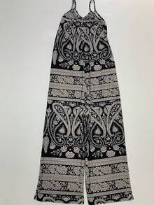 女士露肩露背系带长款印花连体裤 - 无袖连体裤，适合度假、日常穿着、休闲夏季装扮 - 灰色 - 查看 5