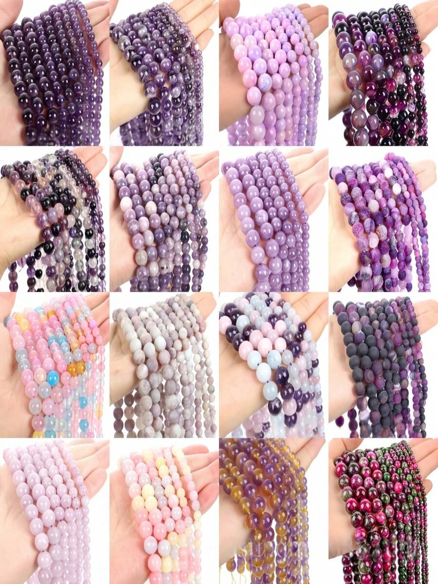 1pc 15-Inch Purple Tone Natural Stone Round Beads, Amethyst/Purple Tiger Eye/Purple Agate Etc. Calming, Protective, Attracting Good Luck Healing Stones, Suitable For DIY Jewelry Making/Bracelets/Necklaces And Craft Accessories