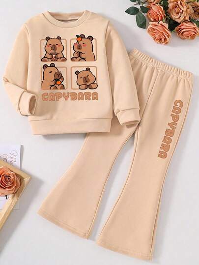 Conjunto de sudadera de cuello redondo con estampado de capibara y pantalones acampanados para niña preadolescente