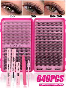 640pcs D-Shaped Segmented False Eyelashes, 10D+20D+30D+40D+50D Mixed Length, Thick & Natural Black Individual Lashes DIY Home Kit. Thickened Design, Easy For Beginners. Long-Lasting & Comfortable Wear, Suitable For Parties And Various Occasions. - 粉色 - 查看 14