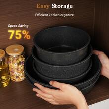 15pcs Nonstick Cookware Set - Induction Compatible Granite Coated Pots & Pans Kit With Frying Pans, Kitchen Cookware Set With Nonstick Surface And Detachable Handle, Healthy Non Stick RV Cookware Set Detachable Handle, Free (Black),Gift,Holiday Cooking - màu đen - Xem 5