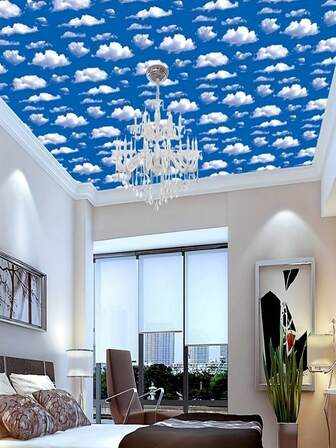 1 rollo de papel tapiz con diseño de cielo azul y nubes blancas, de 17.71 pulgadas x 39.37 pulgadas/118.11 pulgadas/196.85 pulgadas, para decoración de techos, decoración de paredes de habitaciones, adhesivo removible y autoadhesivo, impermeable y lavable, fácil de instalar, mural de techo y pared para dormitorio, sala de estar y pasillo, papel tapiz de vinilo para decoración y renovación del hogar, fácil de despegar e instalar rápidamente