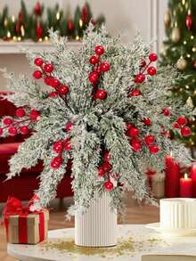 30pcs Christmas Artificial Snow Pine Branches With Red Berries, Faux Norfolk Pine Needles, For DIY Crafts, Wreaths, Home Decor, And Christmas Tree Ornaments, Tabletop Plastic Greenery For Fall, Winter, And Holiday Arrangements Garland Home Decor Christmas Decorations Room Decor