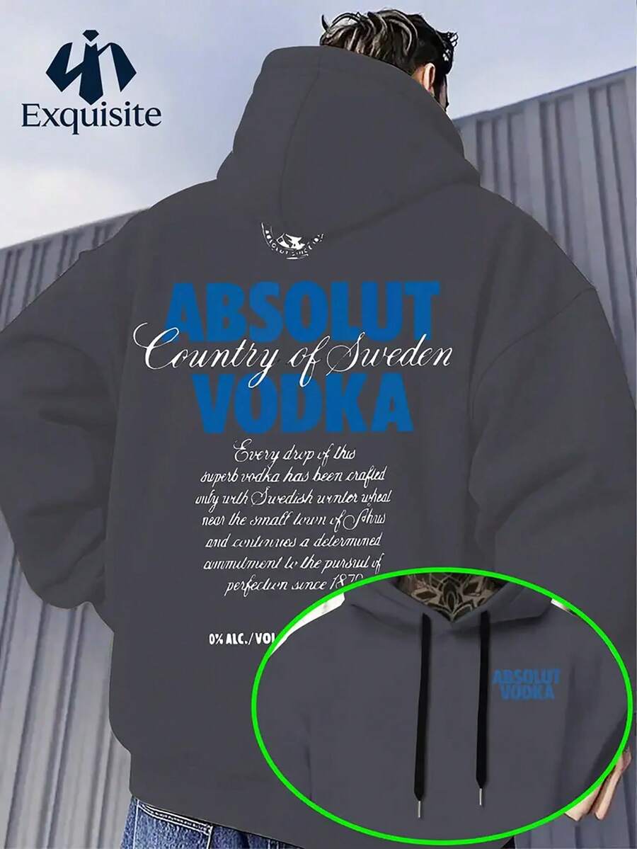 New Men's Casual Polyester Hoodie, Printed With "ABSOLUT VODKA" Pattern, Men's Cool Hoodie Casual Pattern, Slightly Elastic Knitted Fabric, Suitable For Spring And Autumn Regular Hooded Sweater. - 灰色 - 查看 1