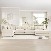 mikibama Modular Sectional Cloud Sofa Couch With Ottoman,Modern Deep Seat U-Shaped Corner Couch,Convertible Corduroy Corner Sofas Sleeper Couches For Living Room (Cream White, 4 Seater+Corner+Ottoman) - Cream White 4 Seater+Corner+Ottoman - 查看 10