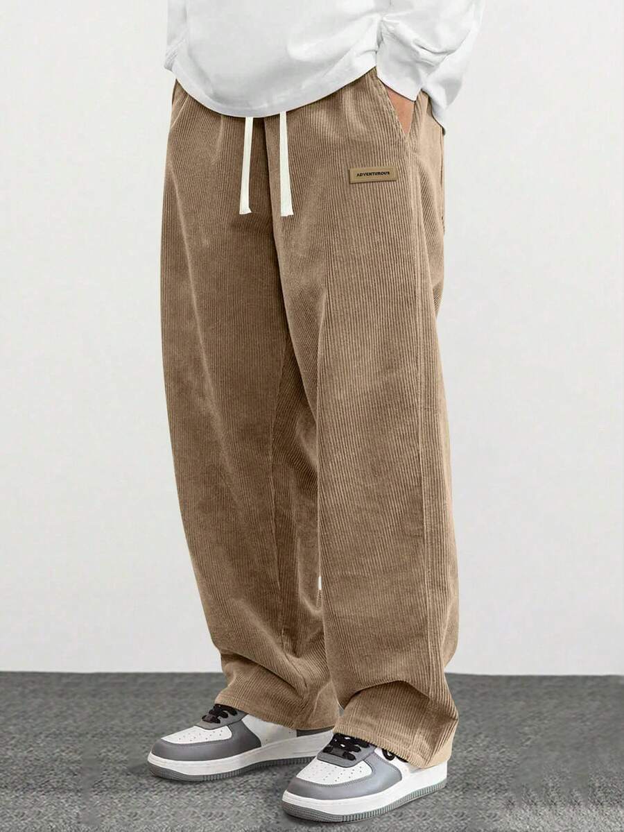 Plus Size Men's Corduroy Straight Leg Pants, Casual Loose Fit Versatile Trousers For Spring & Autumn - Khaki - View 1