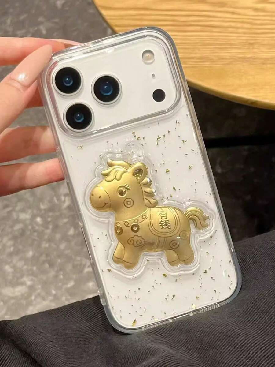 1pc 3D Gold Foil Horse Phone Case Compatible With IPhone 17 Pro Max, 16 Pro Max, 15/14 Pro, 13, 12, 11 - Soft, Shockproof, High-End - Clear - View 1