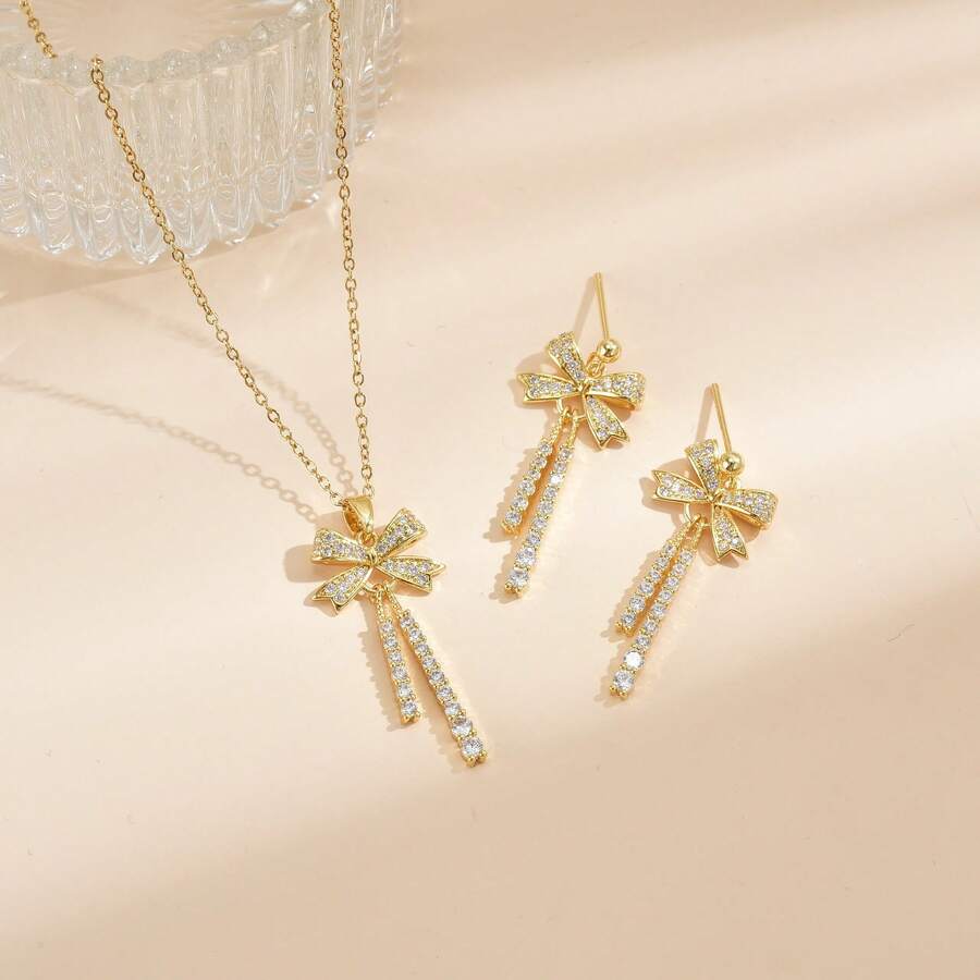 Gold-Plated Copper Micro-Inlaid Double Pendant Bow Tassel Necklace Women's Earring Set Jewelry Accessories - Vòng cổ XE0136 - Xem 1