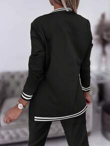 Women's Striped Patchwork Casual Sports Jacket And Pants Suit - Black - View 5