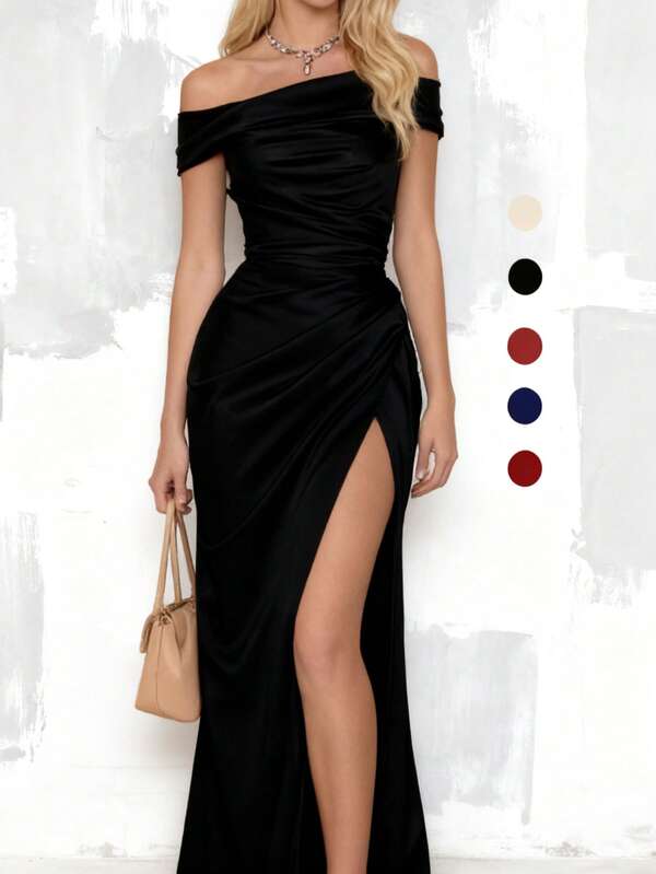 WOWDARK Women's Elegant Off-Shoulder Ruched High Slit Solid Color Dress, Fashionable & Graceful For Christmas, Autumn