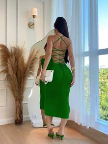 Women's Plain Dress, Spring Summer, Braided Back, High Quality Modal Yarn, Summer 2026 - Bandera verde - Ver 2