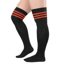 Zando Plus Size Thigh High Socks For Thick Thighs Women Striped Thigh High Stockings Over The Knee Socks Leg Warmers{"Size_name":"OneSize","Color_name":"BlackRed"} - 黑紅 - 查看 1