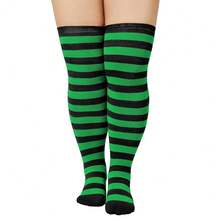 Zando Plus Size Thigh High Socks For Thick Thighs Women Striped Thigh High Stockings Over The Knee Socks Leg Warmers{"Size_name":"OneSize","Color_name":"GreenBlack"} - 綠黑色 - 查看 1