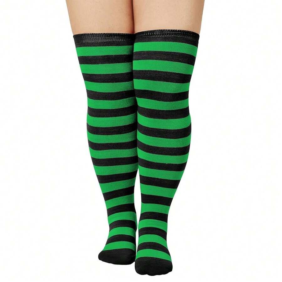 Zando Plus Size Thigh High Socks For Thick Thighs Women Striped Thigh High Stockings Over The Knee Socks Leg Warmers{"Size_name":"OneSize","Color_name":"GreenBlack"} - 綠黑色 - 查看 1