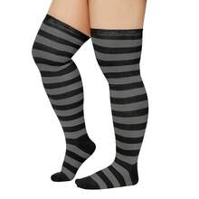 Zando Plus Size Thigh High Socks For Thick Thighs Women Striped Thigh High Stockings Over The Knee Socks Leg Warmers{"Size_name":"OneSize","Color_name":"GrayBlack"} - 灰黑色 - 查看 3