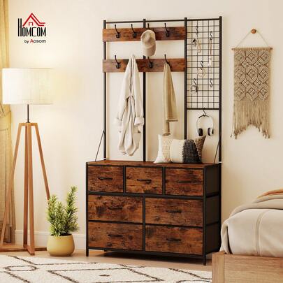 HOMCOM 4-In-1 Hall Tree With Fabric Dresser, Industrial Coat Rack With 7 Drawers, 14 Hooks, Grid Panel, Coat Hanger Stand For Hallway, Entryway, Bedroom, Living Room, Rustic Brown