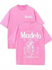 1 Pcs, Double-Sided Retro T-Shirts Modelo Cowboy Graphic Print Water Washed Men's Graphic Printing T-Shirt, Round Neck Short-Sleeve Tee Vintage Retro Tops For Men, Unisex - 粉色 - 查看 1