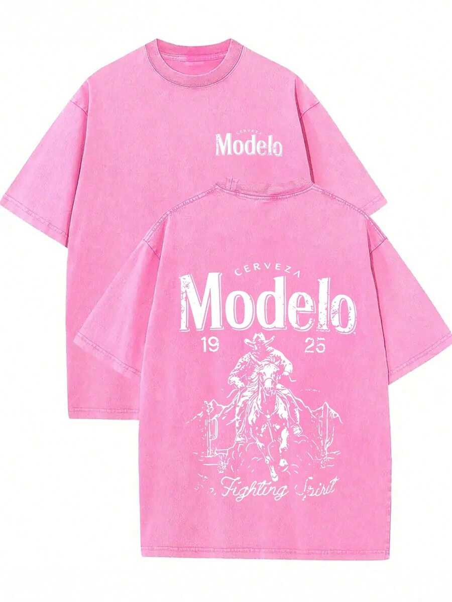 1 Pcs, Double-Sided Retro T-Shirts Modelo Cowboy Graphic Print Water Washed Men's Graphic Printing T-Shirt, Round Neck Short-Sleeve Tee Vintage Retro Tops For Men, Unisex - 粉色 - 查看 1