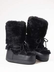 Faux Fur Snow Boots For Women Fuzzy Fluffy Furry Lace Up Mid Calf Boots Winter Warm Fur Boots For Christmas - 黑色2 - 查看 7